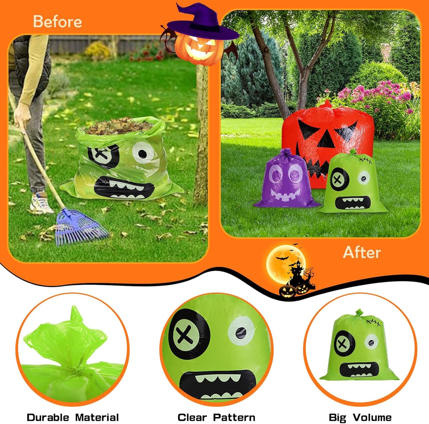Halloween Pumpkin Leaf Bags, 10 Pcs Large Reusable Plastic Yard Trash Bags with Twist Ties for Fall Porch Decorations, Garden Waste & Outdoor Halloween Decorations