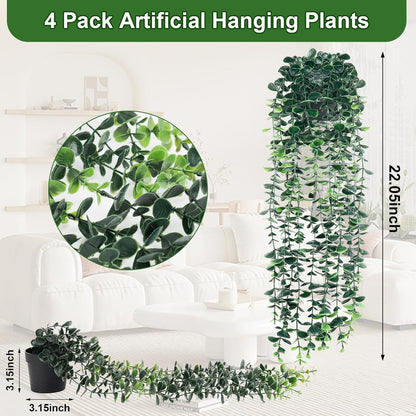 4pcs Artificial Hanging Eucalyptus Plants，Fake Plants Eucalyptus Small Decor Faux Hanging Vine Plants Wall Greenery for New Home Decoration，for Floating Shelf Indoor Outdoor