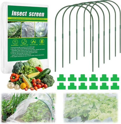 10 X 33 FT Garden Mesh Netting Kit Pest Barrier for Raised Beds, Fruit Tree Netting with 6 Sets Garden Hoops & 12 Clips for Cicadas Bird Insect, Blueberry Bush Netting Cover for Garden Protection