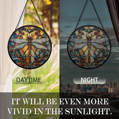Dragonfly Suncatcher Stained Glass Garden Window Hanging, Dragonfly Sun Catchers Indoor Window Glass Round Wall Decor, Nature Insect Wall Art Hanging Decorations, ＂7.8x7.8＂