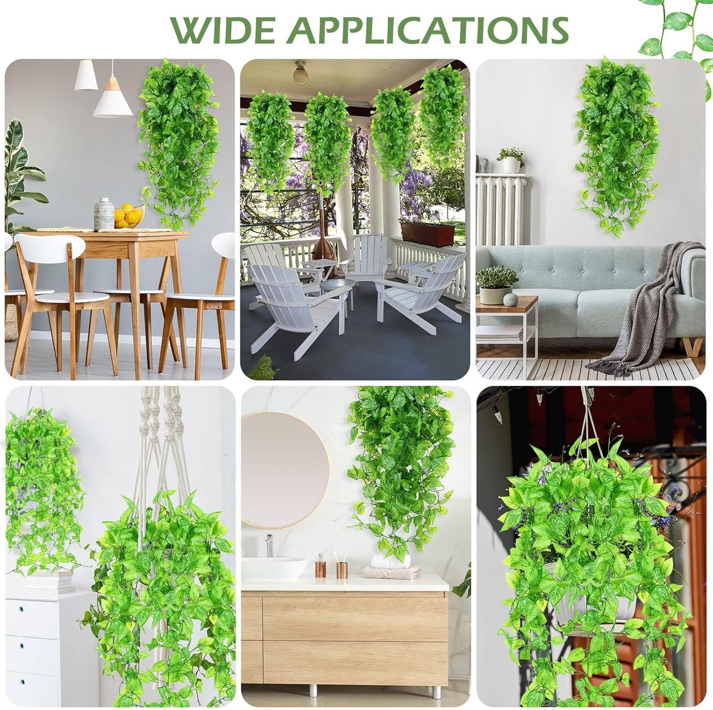 Hoteam 12 Pcs Artificial Hanging Plants 32 Inch Fake Ivy Vines with Fake Leaves Patio Artificial Plants Greenery for Living Room Indoor Outdoor Wall, No Basket (Marble Queen Pothos)