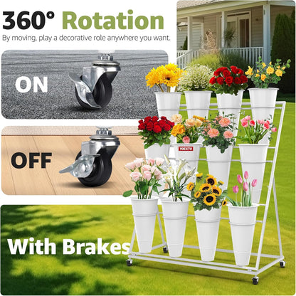 Flower Display Stand 3 Layers with 12 PCS Round Buckets, Plant Stand with Wheels, Movable Metal Plant Stand for Terrace Garden, Florist Shop