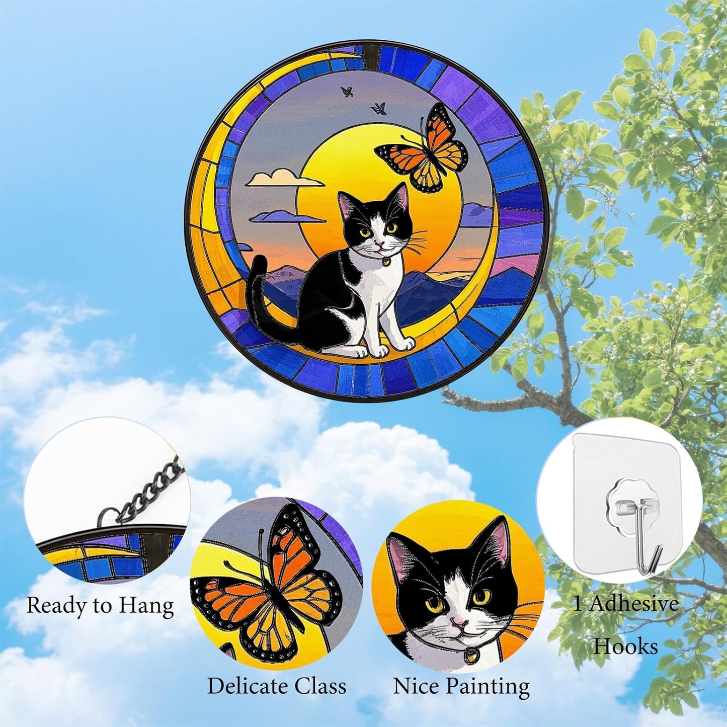 Cat Memorial Suncatchers for Windows Hanging - 8 in Stained Glass Sun Catchers Indoor Window, Suncatcher Stain Glass Window Hanging for Home Decor Wall Art, Gifts for Holiday