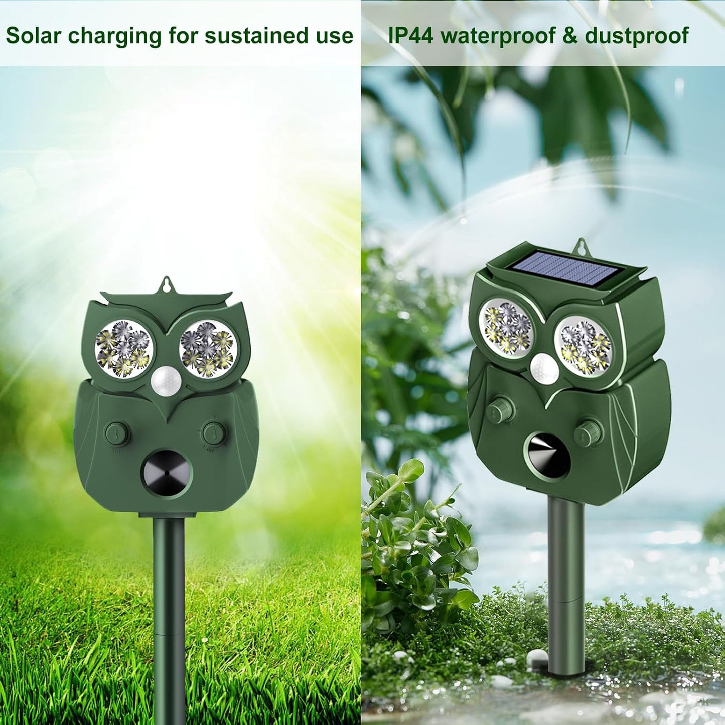 Animal Repellent Outdoor Solar Powered, Ultrasonic Deer Squirrel Skunk Rabbit Rodent Dog Deterrents Waterproof Animal Repeller, Pest Control for Gardens, Deter Mice, Snake, Squirrels, Rodents