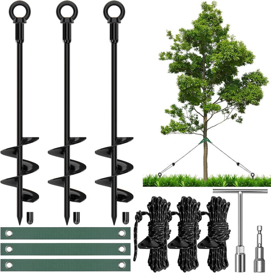 3 Pack 18" Tree Stake Kit, Heavy Duty Spiral Stakes and Supports for Leaning and Young Trees Straightening, Protect Trees from Bad Weather (Black)