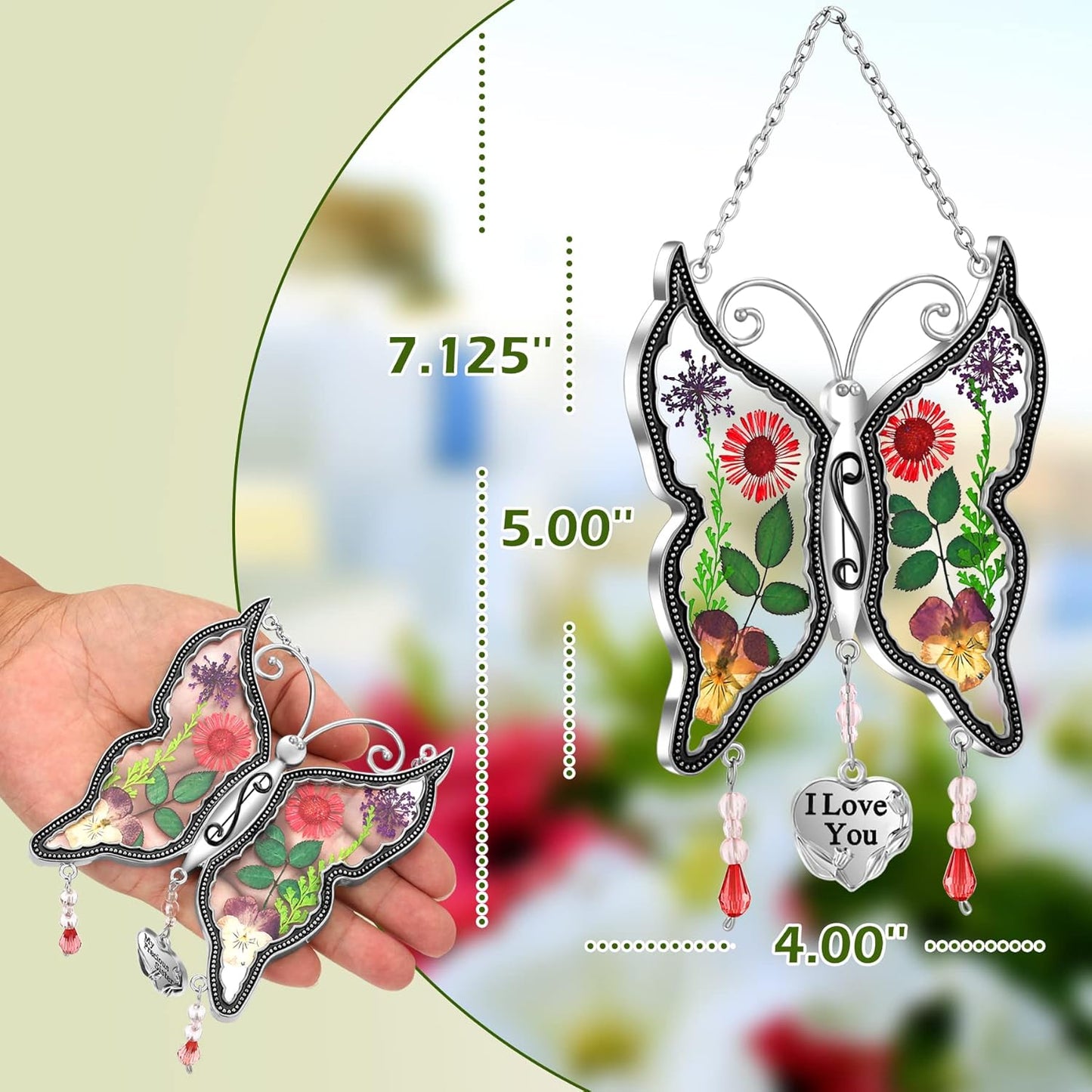 KY&BOSAM Butterfly Suncatcher Mom Gifts Stained Glass Sun Cathers for Window Hanging Wind Chime with Real Flower Wings and Metal I Love You Heart Charm Birthday Gift for Mother's Day Valentine's Decor