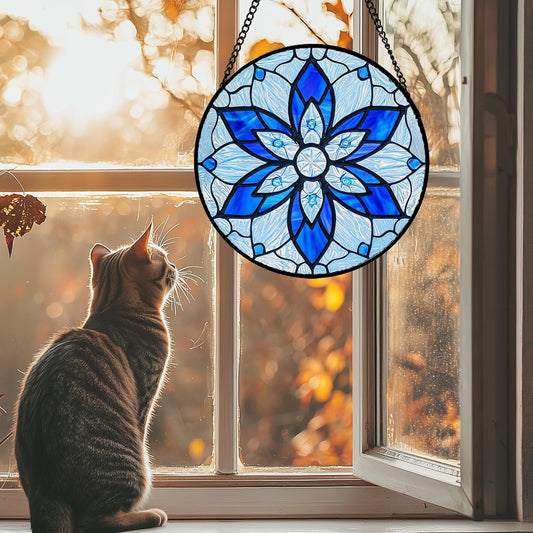 Stained Glass Window Hanging, Blue Tiffany Style Flowers Sun Catcher for Window Door Home Decor