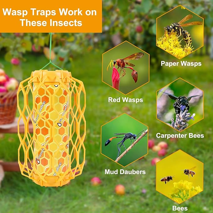3 Pack Upgraded Wasp Trap Outdoor Hanging, Carpenter Bee and Hornet Catcher, Reusable Yellow Jacket Trap with Bait Reservoir, Bee Killer and Wasp Catcher for Outside (Orange)