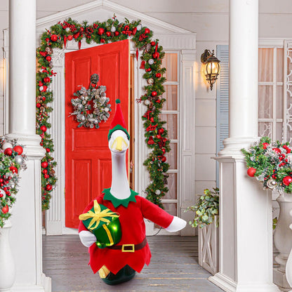 Christmas Toy Soldier Style Porch Goose Outfits,2 Pcs/Set Goose Clothes with Pointed Hat and Gift Box Fits 23" Lawn Goose Statue,Red Christmas Outdoor Goose Costume,Yard Patio Garden Xmas Decor