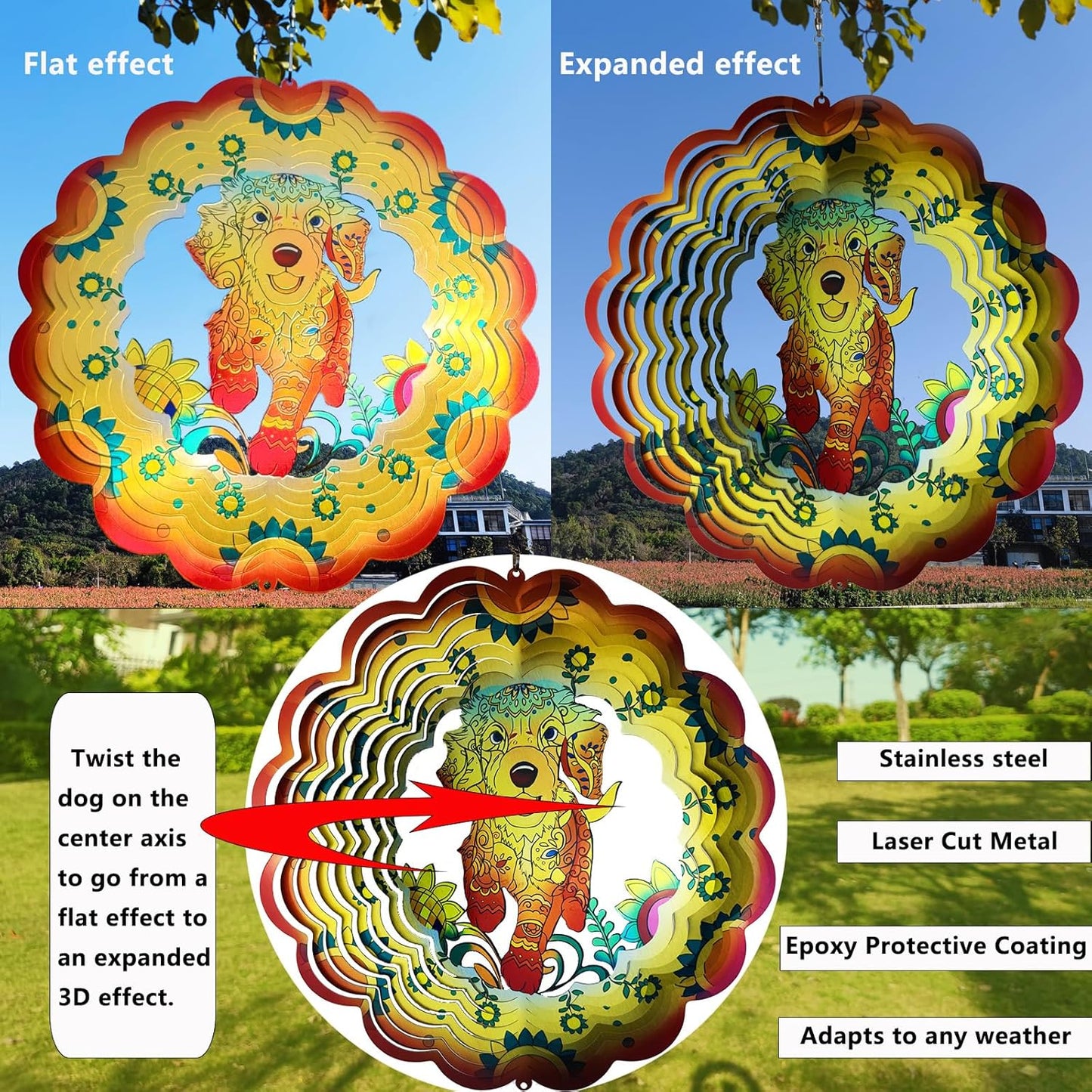 DJUAN Dog Stainless Steel Wind Spinners- Dog Memorial Gifts for Women Mom Grandma Wife, Pet Memorial Wind Spinner for Outdoor Garden Decor,12 inch Hanging Wind Spinner for Dog Lovers Gifts
