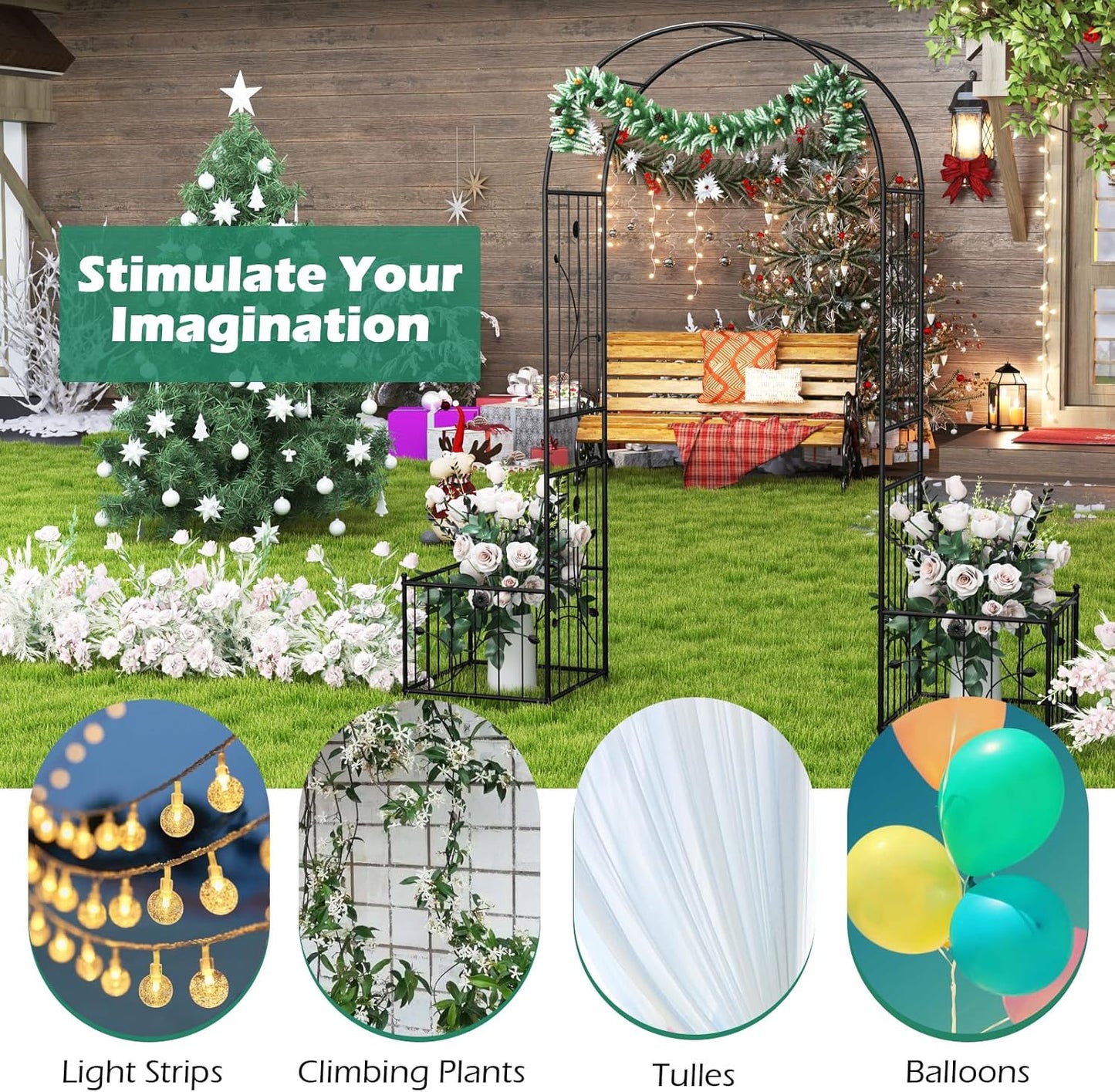 Moccha Garden Arbor with Planters - 86'' Metal Arbor Trellis for Climbing Plants, Ivy, Vines, Outdoor Archway Pergola with 8 Ground Stakes, Garden Arch for Wedding Ceremony Decoration Lawn Patio