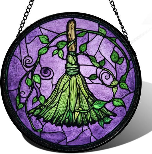 Stained Glass Window Hanging - Halloween Decorations Witch Magic Broom Suncatcher for Doors Garden