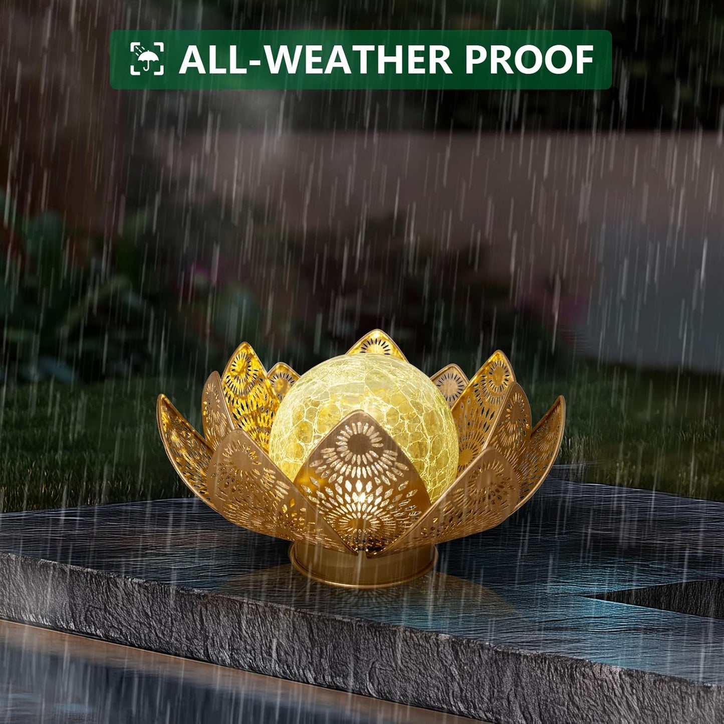 Solar Lights Outdoor Waterproof Lotus Flower Metal Yard Art Decoration Crackle Globe Glass Solar Lamp Garden Decor for Outside, Flowerbed Lawn Patio Porch Pathway Pond Decorations
