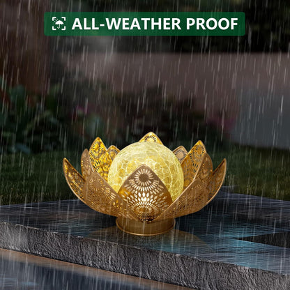 Solar Lights Outdoor Waterproof Lotus Flower Metal Yard Art Decoration Crackle Globe Glass Solar Lamp Garden Decor for Outside, Flowerbed Lawn Patio Porch Pathway Pond Decorations