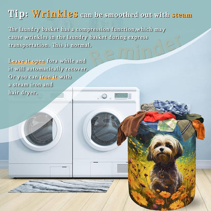 Watercolor Yorkie Laundry Basket Foldable With Handles Cute Dog Flowers Tote Bag Oxford Cloth Animal Dogs Laundry Hamper Clothes Toy Storage Bucket For Bathroom/Laundry/Bedroom 18.9"x16.5 "