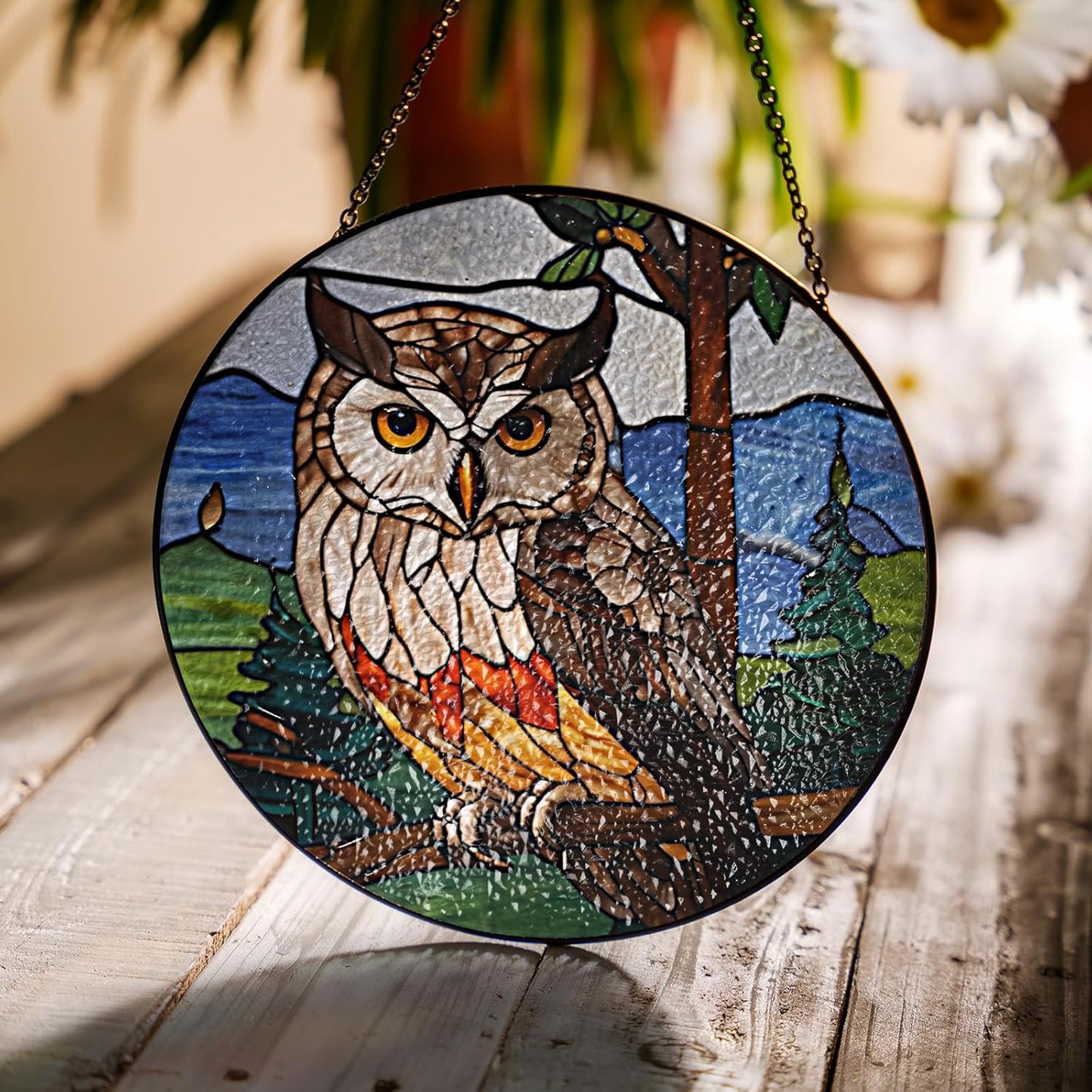 7.8" Owl Stained Glass Suncatchers Art Glass Wildlife Bird for Sun Catcher Indoor Window Gifts for Pet Animal Nature Floral Lovers Women Grandma Mom Friend Painted Panel Décor BIRD-07B-SG8