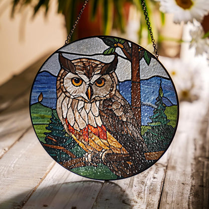 7.8" Owl Stained Glass Suncatchers Art Glass Wildlife Bird for Sun Catcher Indoor Window Gifts for Pet Animal Nature Floral Lovers Women Grandma Mom Friend Painted Panel Décor BIRD-07B-SG8