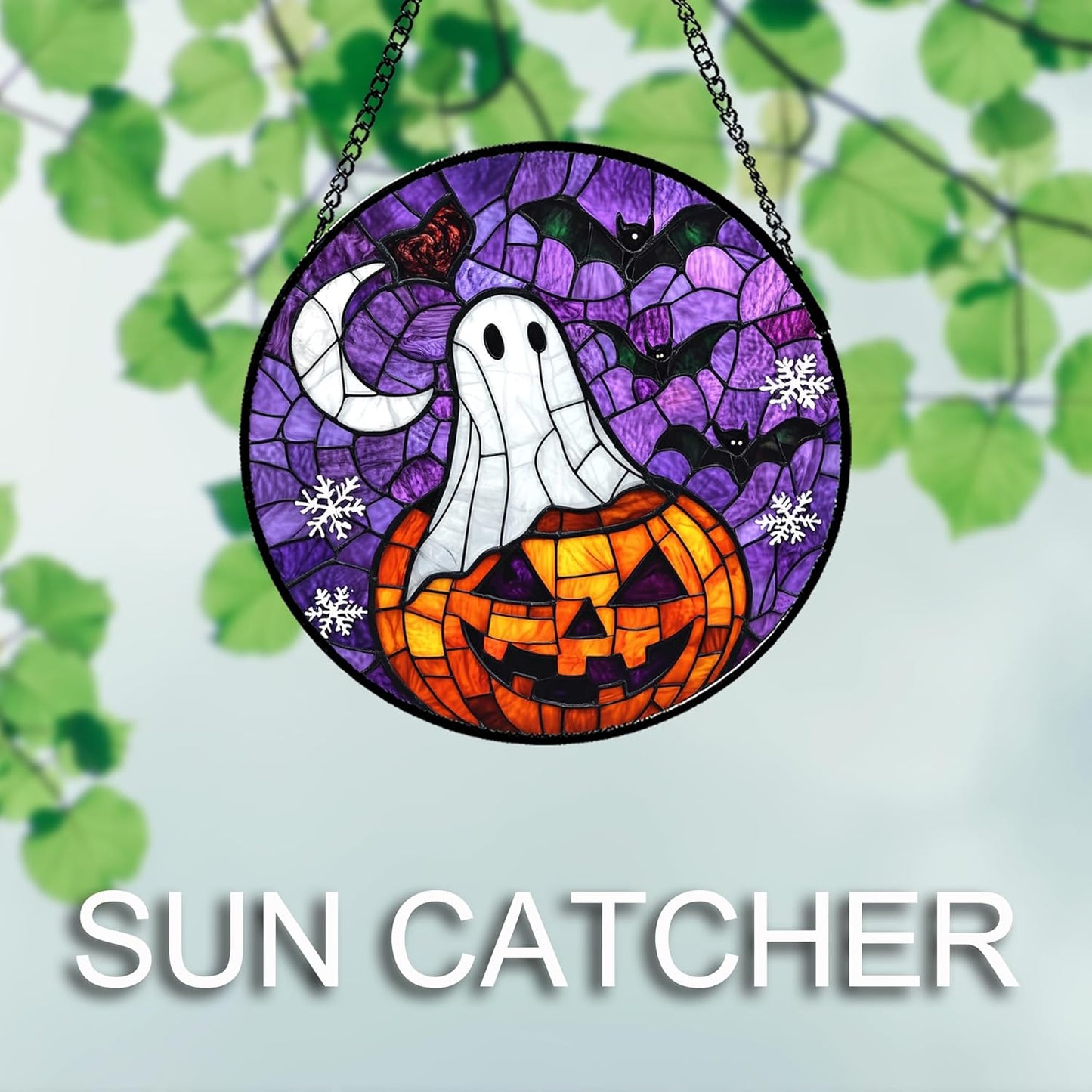 Stained Glass Window Hanging Halloween Horror Pumpkin 9.8" - Suncatcher Door Garden Sunroom Gothic Style Ghost Bat Sun Catcher Birthday for Friend Mom Men Woman Nana