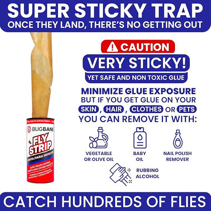 Fly Strips Indoor Sticky Hanging 10pk with Pins. Non Toxic Outdoor Fly Trap Indoor for Home. Flies Tape Paper Trap Ribbon Roll for House Gnat Fruit and Housefly. Bug Catchers for Inside Home Flypaper