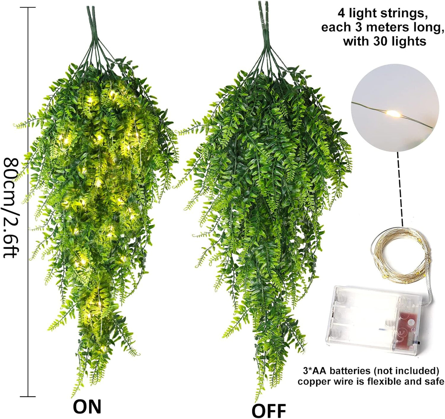 RECUTMS Artificial Boston Ferns 4 Pack Fake Hanging Plants with 30 LED Lights Faux Ivy Vine Leaves Plastic Greenery UV Resistant for Home Bedroom Wall Porch Garden Wedding Decor (Green)