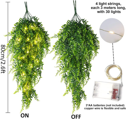 RECUTMS Artificial Boston Ferns 4 Pack Fake Hanging Plants with 30 LED Lights Faux Ivy Vine Leaves Plastic Greenery UV Resistant for Home Bedroom Wall Porch Garden Wedding Decor (Green)
