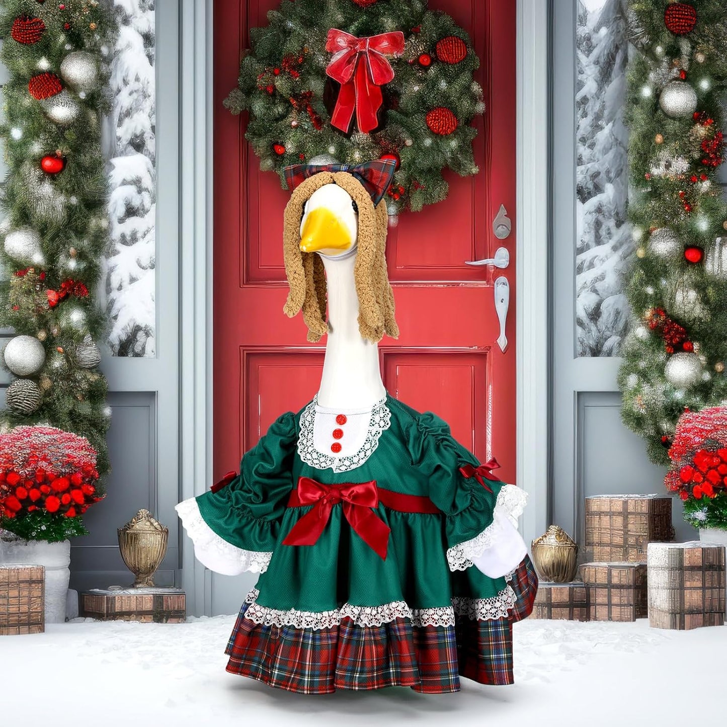 Soulchen 1 Set Christmas Green Porch Goose Outfit 23 Inch Winter Plaid Cement Goose Clothes Dress and Headdress Costume Set for Xmas Holiday Lawn Garden Yard Decor