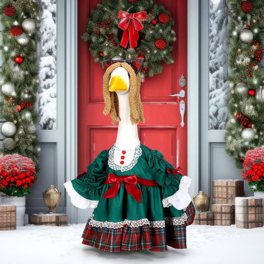 Soulchen 1 Set Christmas Green Porch Goose Outfit 23 Inch Winter Plaid Cement Goose Clothes Dress and Headdress Costume Set for Xmas Holiday Lawn Garden Yard Decor