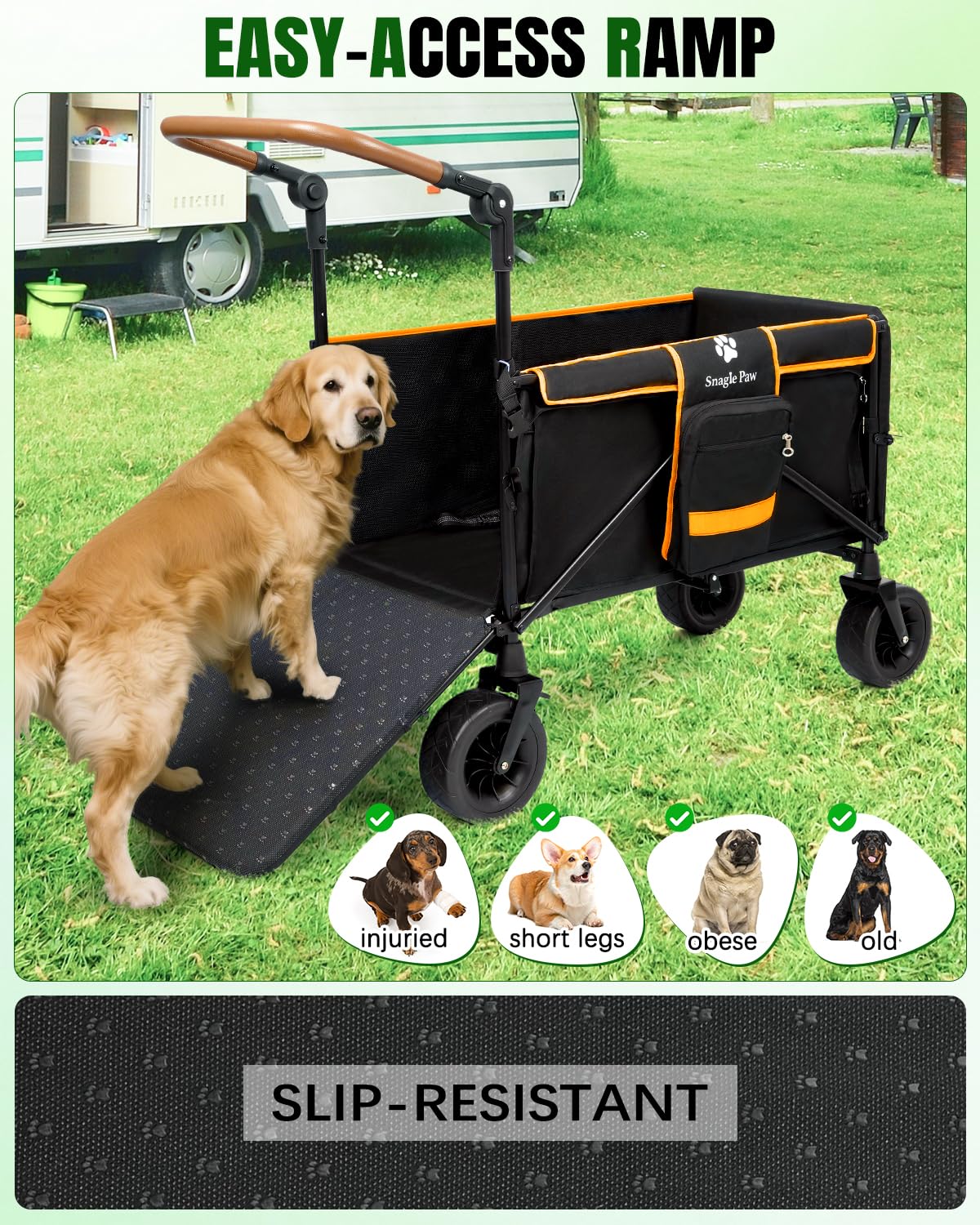 Snagle Paw Dog Wagon for Medium Large Dogs up to 200lbs | All Terrain Foldable Large Pet Stroller with Ramp & Tailgate (Extra Space), Dog Wagon Cart Adjustable Handle & One-Step Brake
