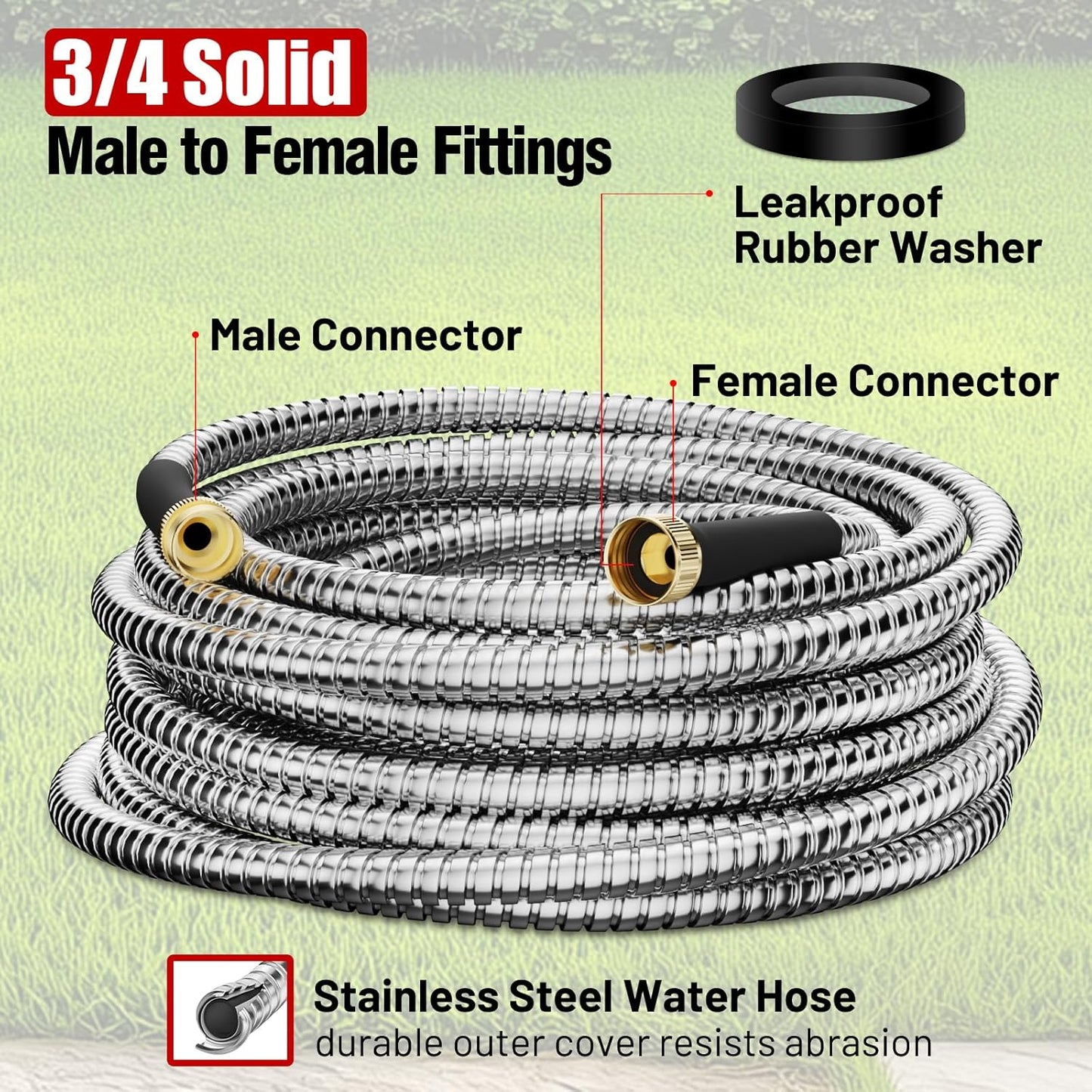 Garden Hose 50 ft, Stainless Steel Metal Water Hose 50 Feet with Nozzle, Flexible, Rust Proof, No-Kink, Heavy Duty, Leakproof 3/4 in Fittings, Lightweight Metal Hose, BT50S Model