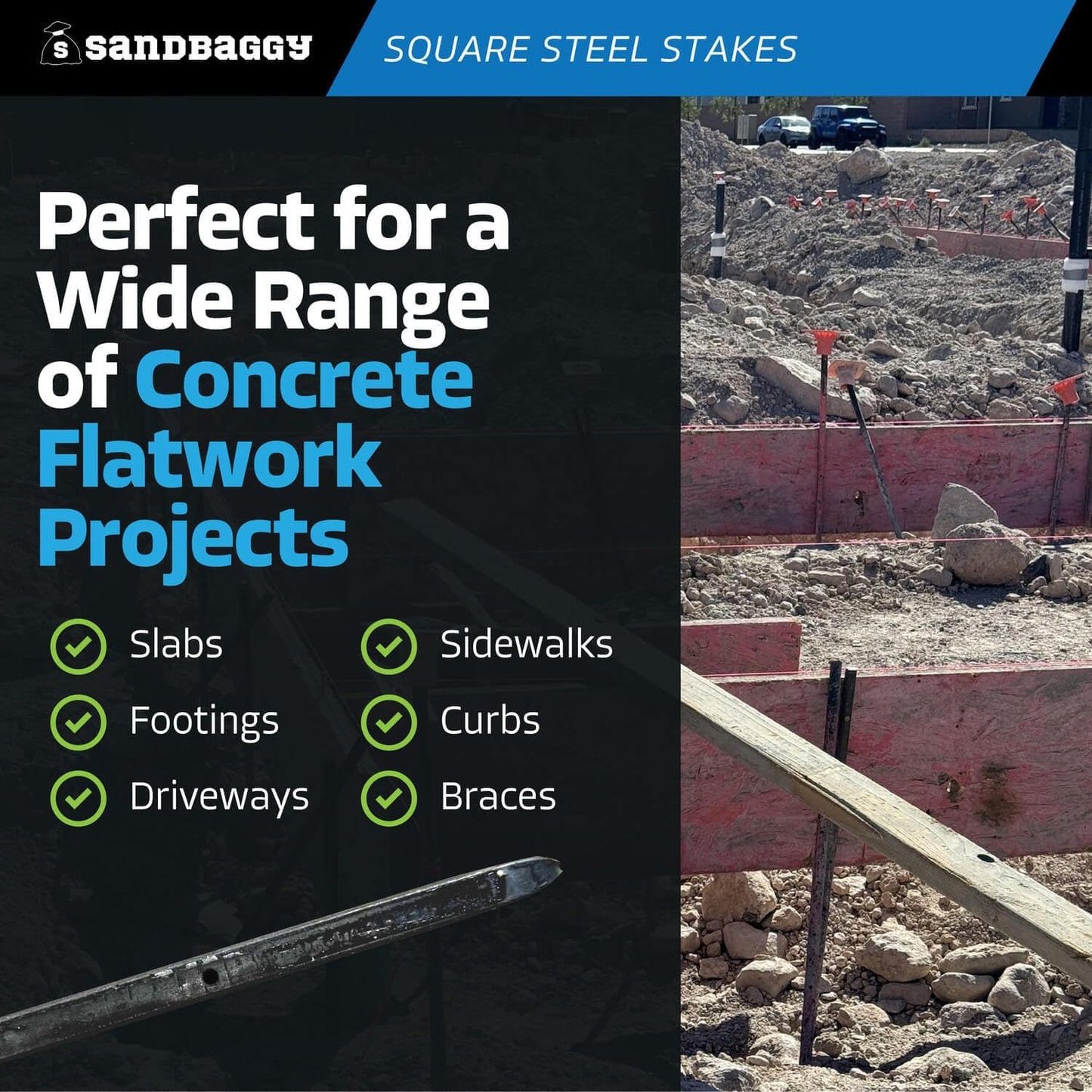 Sandbaggy 18" Square Steel Concrete Form Stakes with Nail Holes - 5/8" Wide - Rust Resistant - Removable/Reusable - Construction Grade Rebar Pins (Square Nail Stakes, 90, Count)