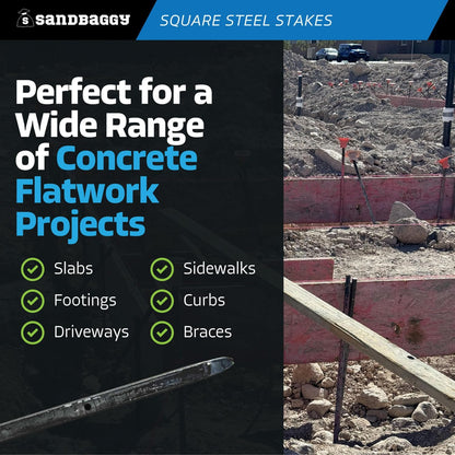 Sandbaggy 18" Square Steel Concrete Form Stakes with Nail Holes - 5/8" Wide - Rust Resistant - Removable/Reusable - Construction Grade Rebar Pins (Square Nail Stakes, 10, Count)
