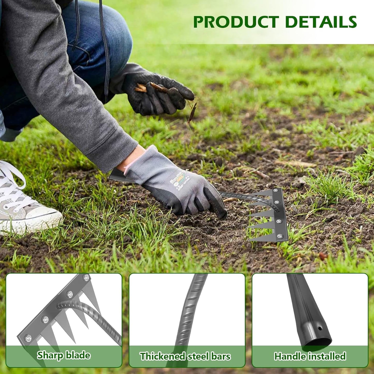 Iron Weeding Rake 2.0, New 5/6/7/8 Teeth Carbon Steel Garden Weeder Rakes, Weeder Puller Tool for Yard Lawn and Garden, Heavy Duty Metal Rake for Lawn, Flower Beds & Soil Aeration (7 Teeth)