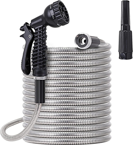 FOXEASE Metal water Hose 25 ft - Stainless Steel Water Hose with 2 Nozzles, Lightweight, Tangle Free & Kink Free, Heavy Duty, High Pressure, Flexible, Dog Proof