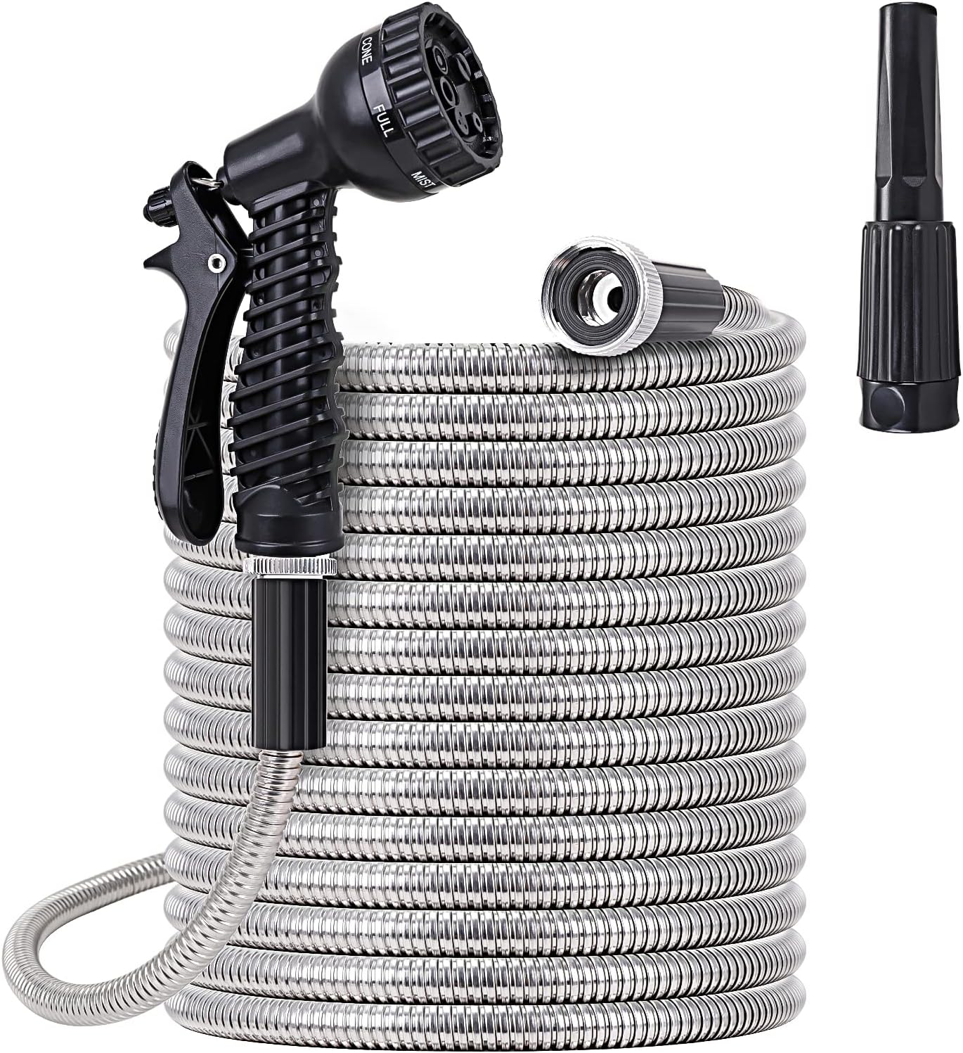 FOXEASE Metal Water Hose 100 ft - Stainless Steel Water Hose with 2 Nozzles, Lightweight, Tangle Free & Kink Free, Heavy Duty, High Pressure, Flexible, Dog Proof