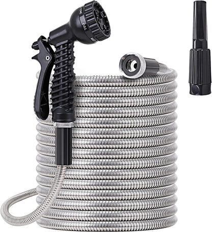 FOXEASE Metal Water Hose 100 ft - Stainless Steel Water Hose with 2 Nozzles, Lightweight, Tangle Free & Kink Free, Heavy Duty, High Pressure, Flexible, Dog Proof