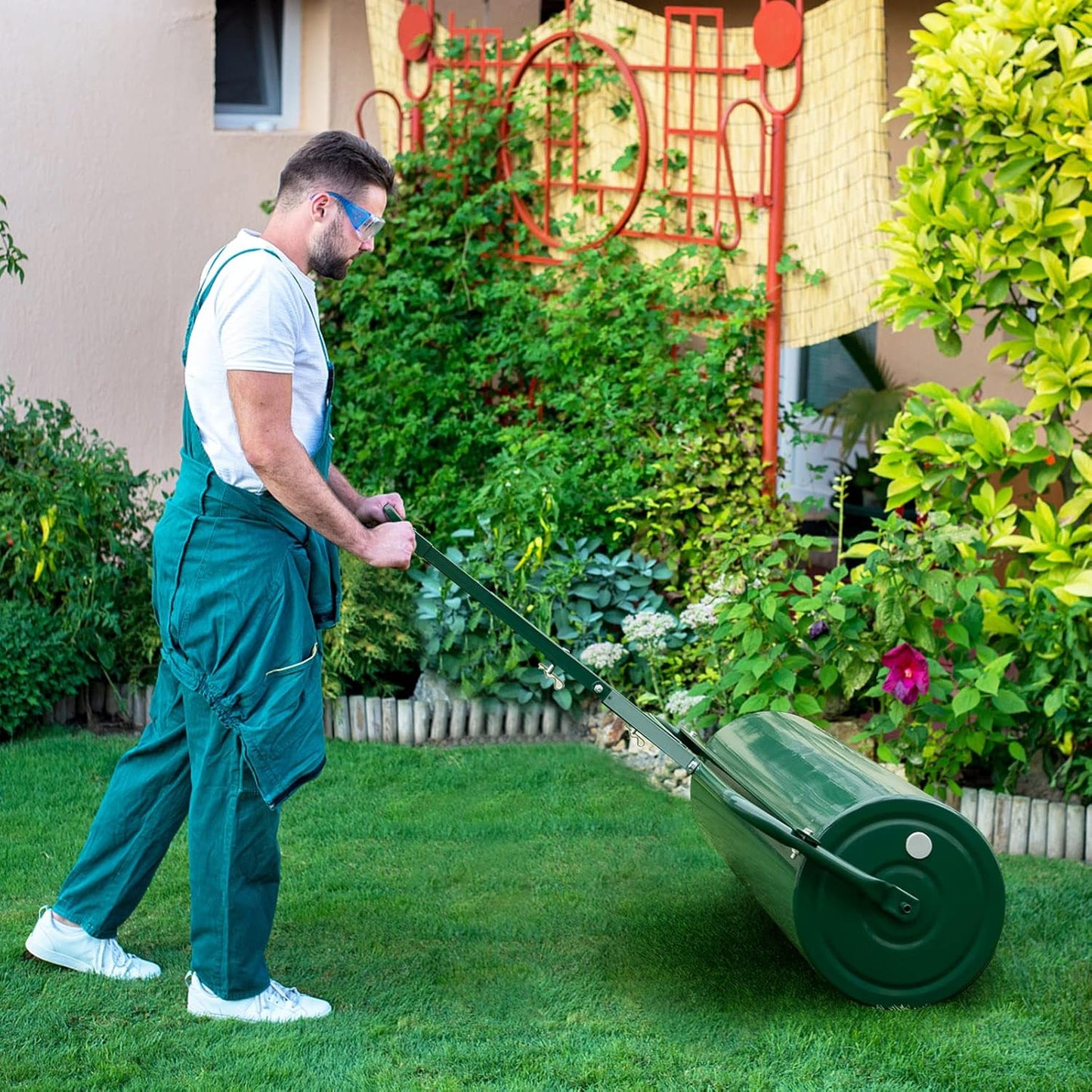 IRONMAX Lawn Roller, 17 Gallons/63 L Manual & Tow-Behind Steel Sod Roller w/Push Pull Handle, Lawn Rollers Tow Behind Water Filled for Yard, Park, Garden, Ball Field (17 Gallons, Green)