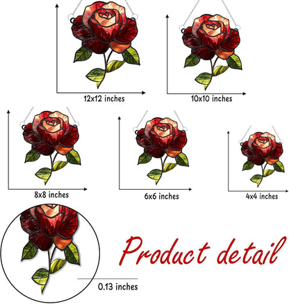Crimson Rose Flower Acrylic Suncatcher Stained Glass Effect Window Car Hanging Christmas Ornament Indoor Outdoor Decor Garden Sun Catcher Panel for Flowers Lover for Women Mom Grandma