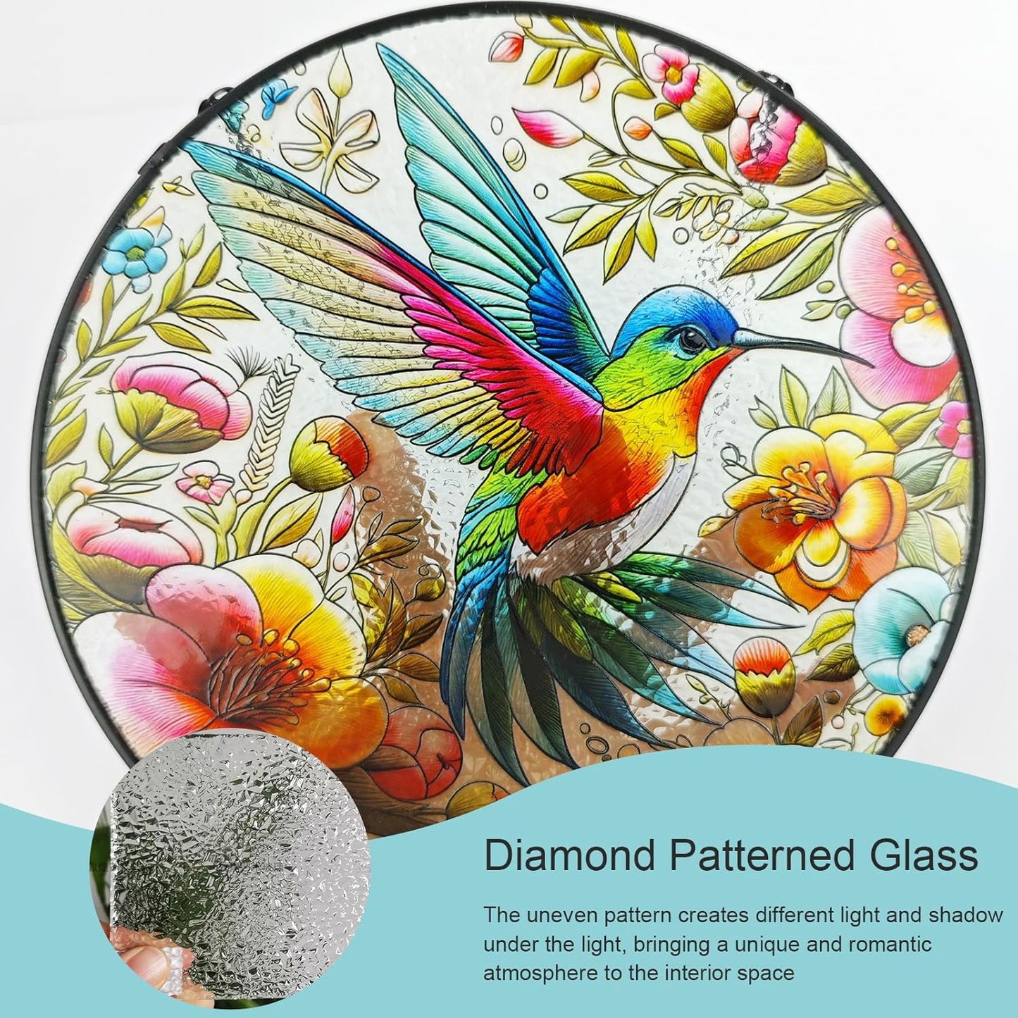 Hummingbird Suncatcher Stained Glass Window Hanging Original Design of 7.8''Hummingbirds Flowers for Sun Catchers Indoor Window Wall Art Home Decor Gift Painted Glass Panel
