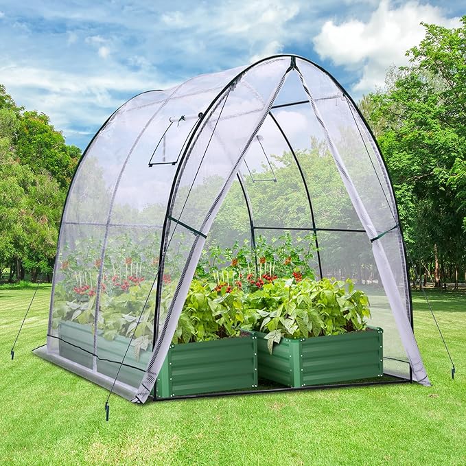 Ohuhu Portable Tunnel Greenhouse Outdoor: Heavy Duty Walk in Green House with Mesh Windows Durable Plastic PE Cover for Outside, 5.9x5.9x6.6 FT, White