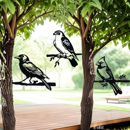 3pcs Black Metal Art Bird Ornaments for PatioTree, Country Farmhouse Style Outdoor Art, Metal Yard Art Outdoor and Garden Decorations,(Includes Cardinal & Raven & Hawk)