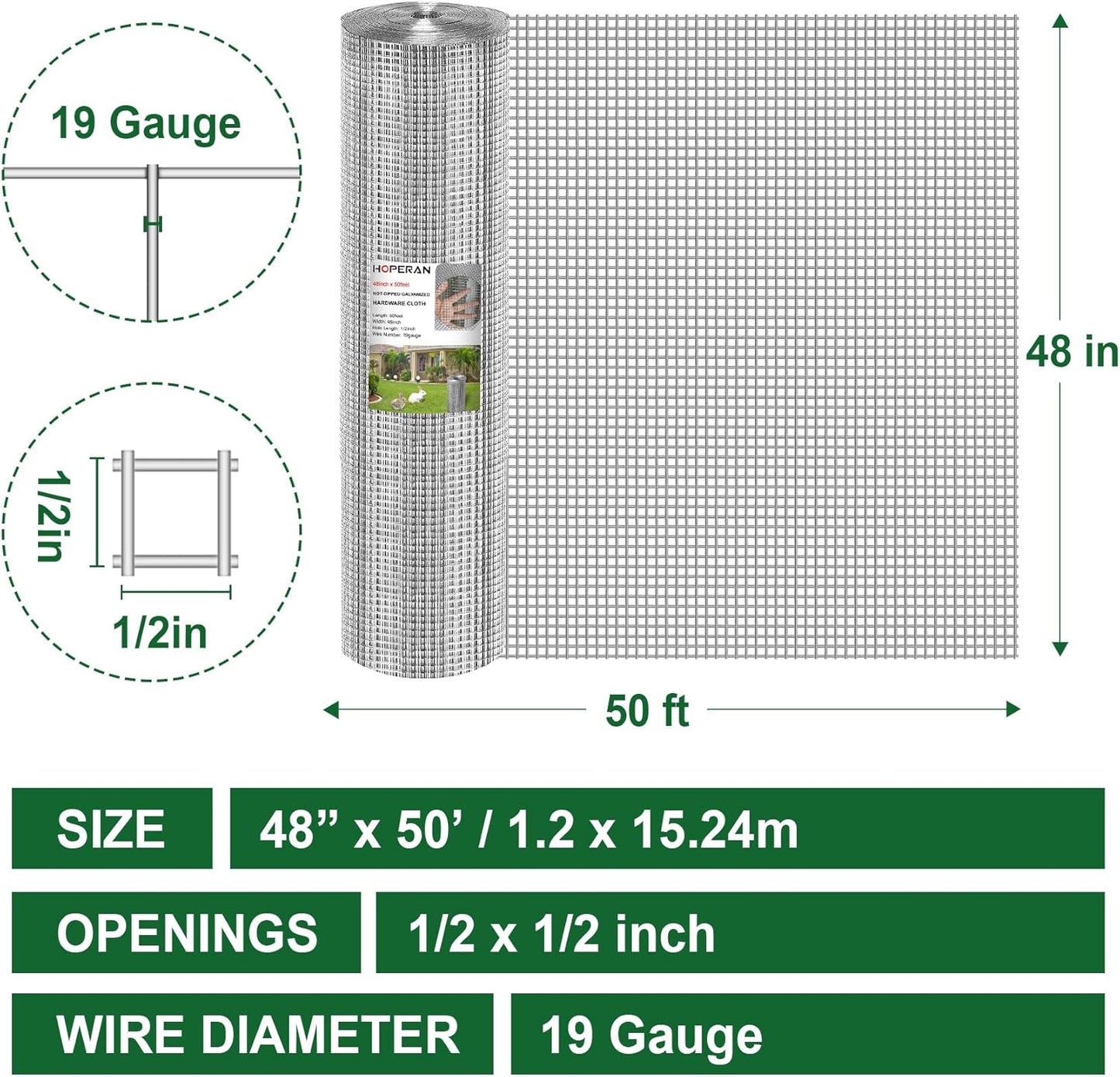 HOPERAN Hardware Cloth 1/2 Inch 48 x 50 ft - 19 Gauge Chicken Wire Fencing, Galvanized Wire Mesh Roll, Welded Wire Fence, Chicken Coop Wire Fence Gopher Wire Rabbit Wire Poultry Netting Cage