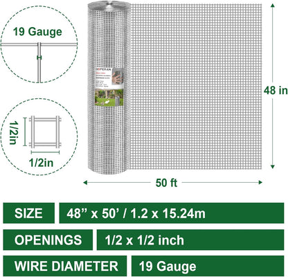 HOPERAN Hardware Cloth 1/2 Inch 48 x 50 ft - 19 Gauge Chicken Wire Fencing, Galvanized Wire Mesh Roll, Welded Wire Fence, Chicken Coop Wire Fence Gopher Wire Rabbit Wire Poultry Netting Cage