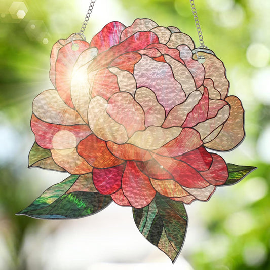 FLAGWIX Christmas Peony Flowers Gifts for Grandma - Stained Glass Window Hanging 10 in - Birthday