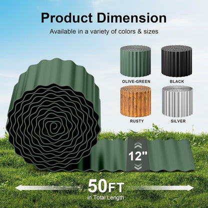 Land Guard Corrugated Metal Garden Edging, 12"×50Ft Steel Landscape Edging, Corrugated Metal Yard Edging Borders, Steel Edging for Landscaping, Garden Fence, Lawn, Flower Bed (Olive-Green)