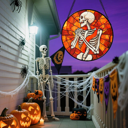 Stained Glass Window Hanging - Halloween Decorations Fear Skeleton Suncatcher for Doors Garden Indoor Spooky Funny Sun Catchers Gothic Decor Horror Gifts for Women Men Friend 6.3 in