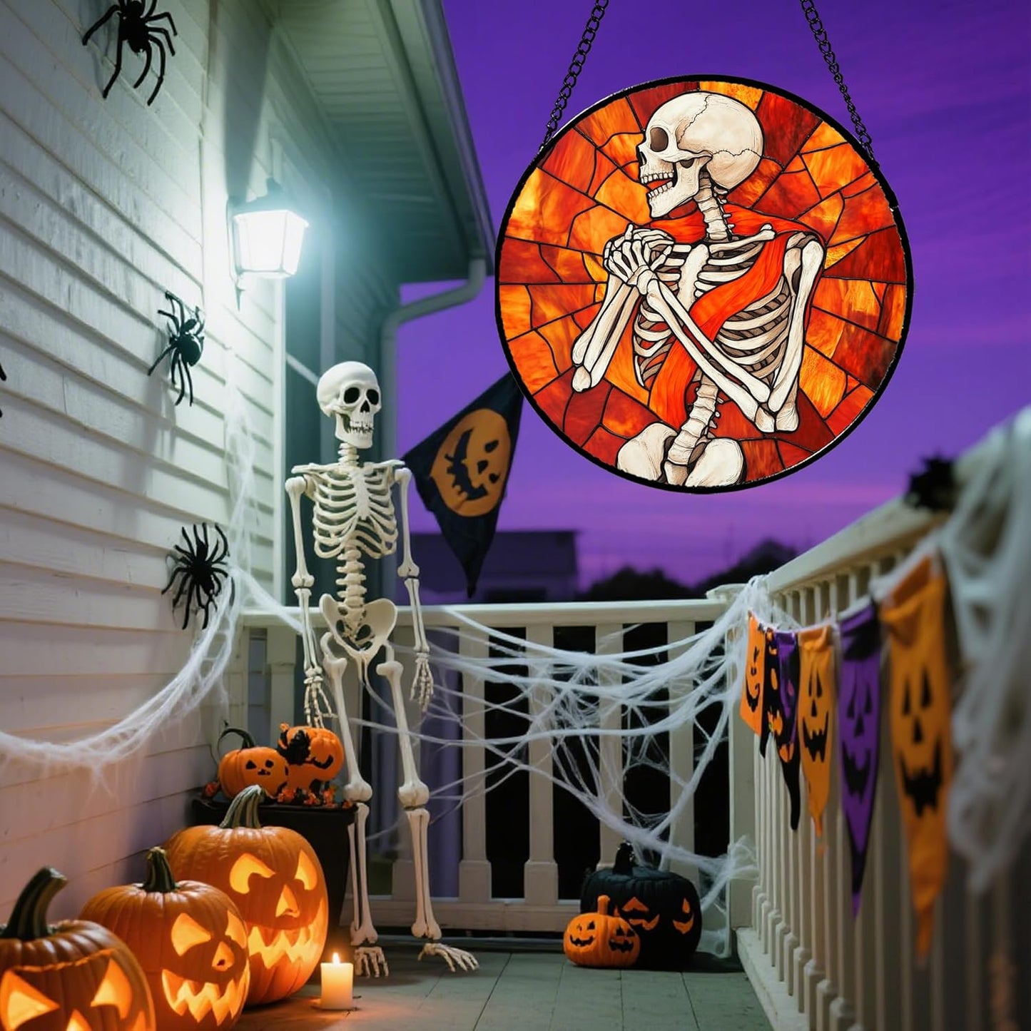 Stained Glass Window Hanging - Halloween Decorations Fear Skeleton Suncatcher for Doors Garden Indoor Spooky Funny Sun Catchers Gothic Decor Horror Gifts for Women Men Friend 7.8 in