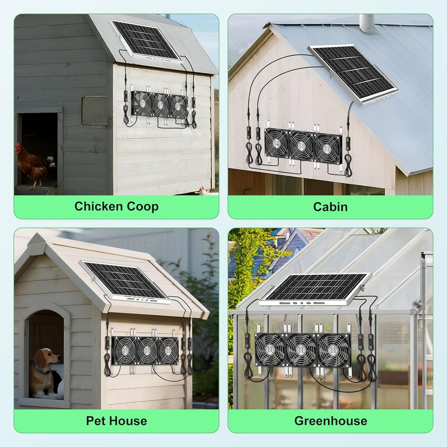 New 5.5" Solar Fan 3 Kit, 35W Solar Powered Exhaust and Intake Greenhouse Fan Outdoor Waterproof, 16.5ft Cord, Strong Airflow, for Chicken Coop Shed Pet House Air Circulation and Ventilation