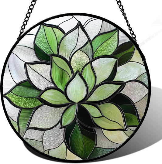 Stained Glass Window Hanging - Green Succulent Plants Suncatcher for Doors Garden Patio Floral Sun Catchers Decor Christmas Mother's Day Birthday Gifts for Women Men Mom Nana Friend 6.3 in
