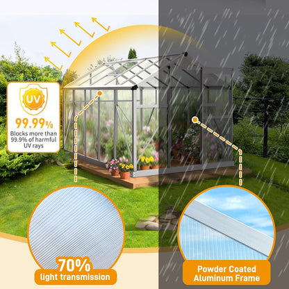 VINGLI 6x10FT Heavy Duty Polycarbonate Greenhouse with 5 Roof Vents, Aluminum Sliding Door, Silver