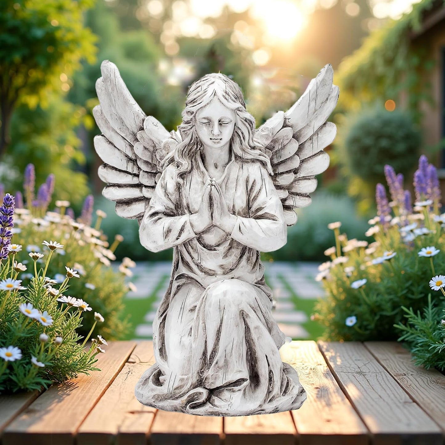 Praying Angel Garden Statue – Outdoor Kneeling Angel Figurine for Yard, Patio, Memorial Decor, Resin Sculpture, Housewarming Ornament Present
